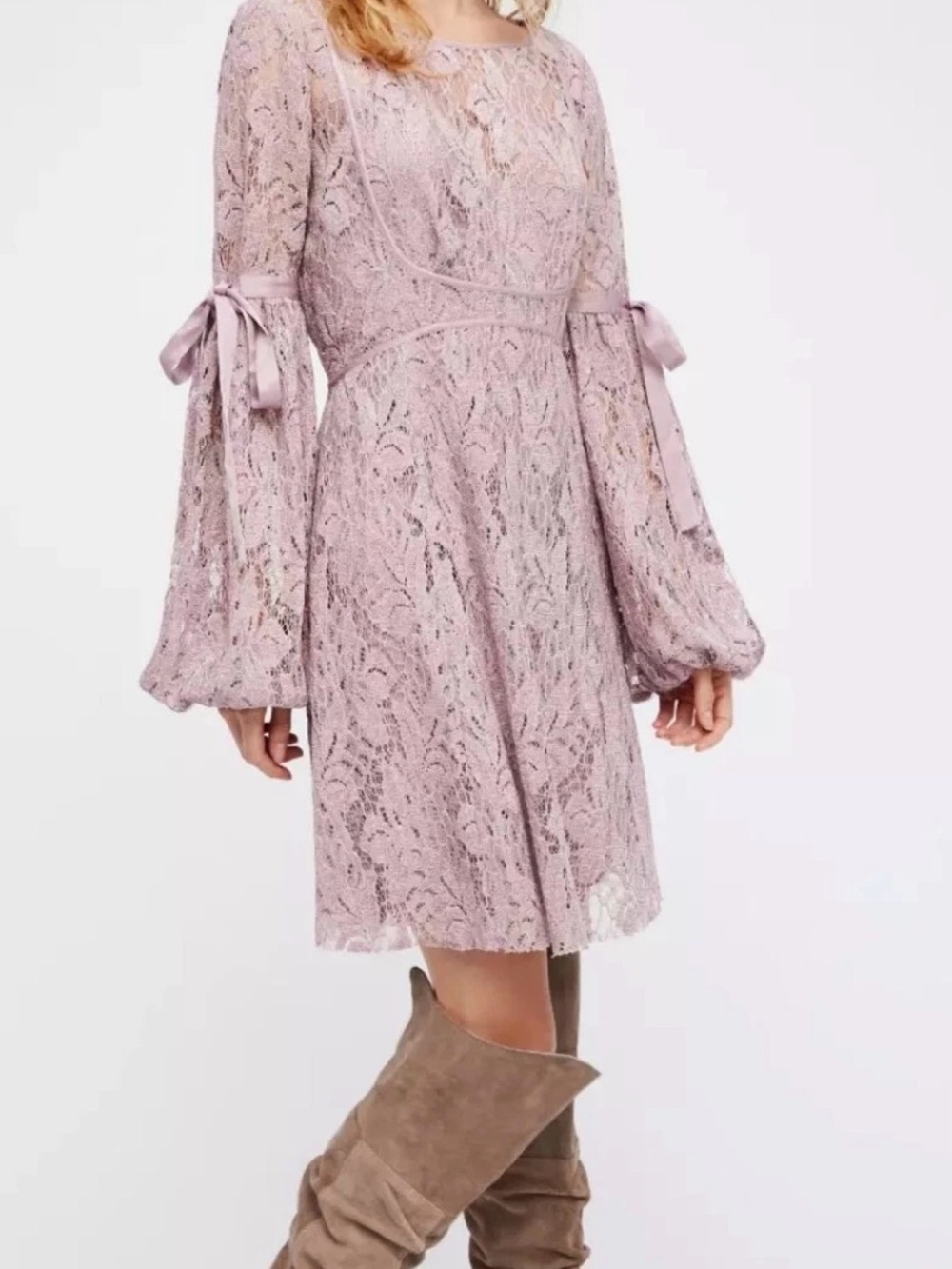 Free People Dusty Rose Lace Long-Sleeve A-Line Dress
